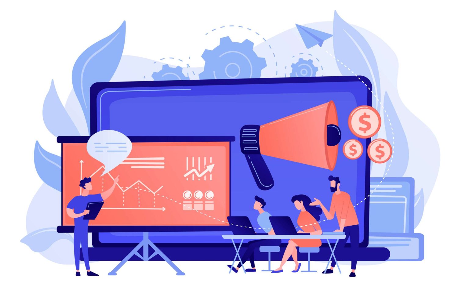 Marketeers learning from fellow professionals at meetup with presentation board. Marketing meetup, sharing experience, marketing expertise concept. Pinkish coral bluevector isolated illustration